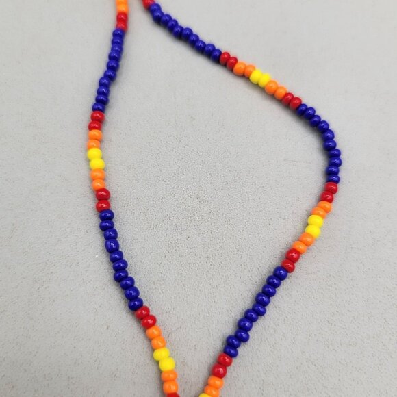 Handcrafted Beaded Necklace Round Sunburst Leather Pendant Fringe 29 Inch - Picture 3 of 5